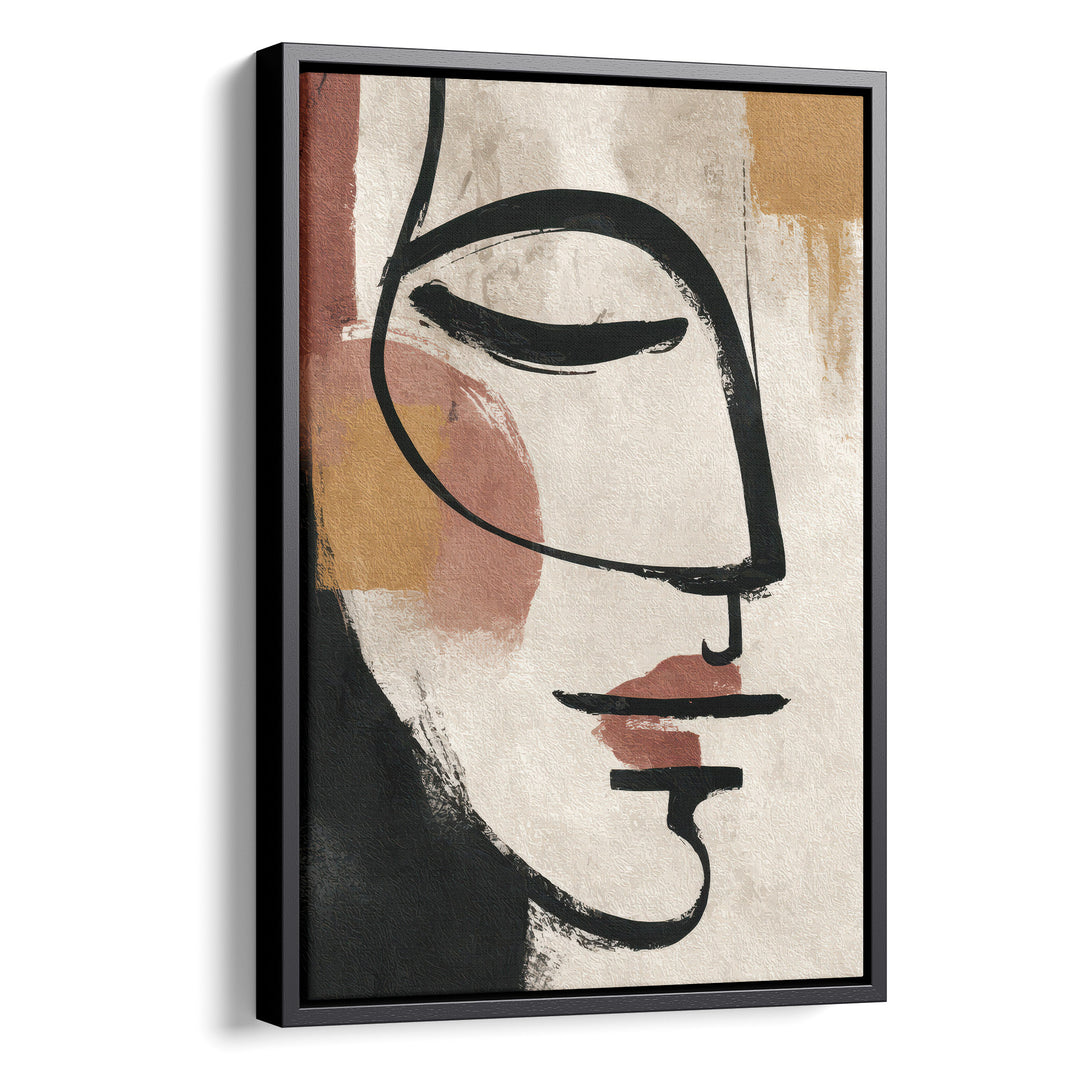 Abstract line art portrait of a face in profile with bold black brushstrokes, stretched canvas in a black floating frame