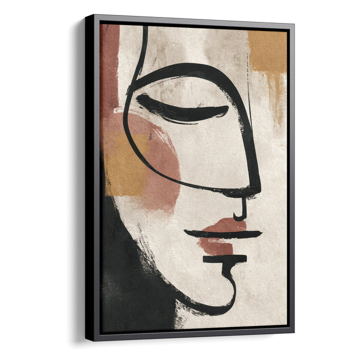 Abstract line art portrait of a face in profile with bold black brushstrokes, stretched canvas in a black floating frame