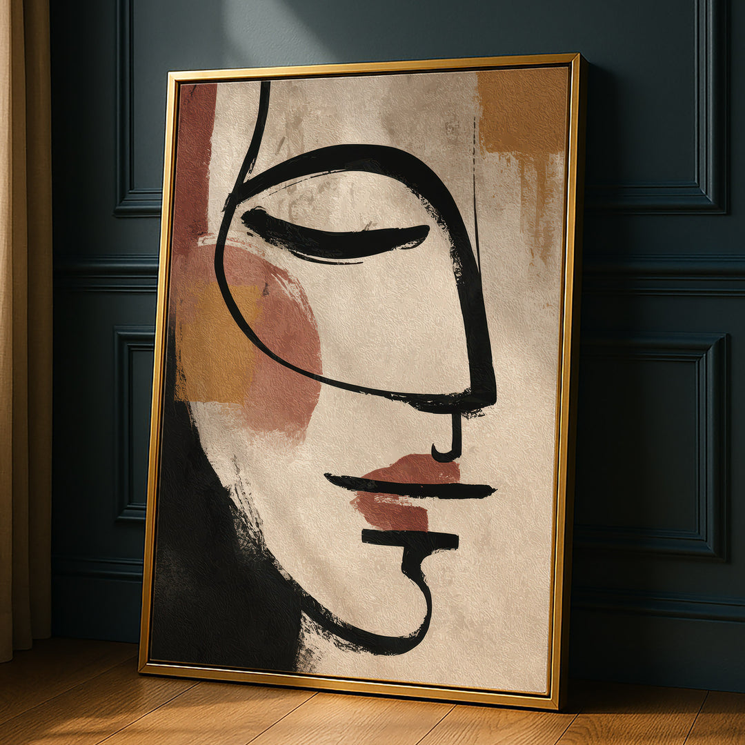 Abstract line art portrait of a face in profile with bold black brushstrokes and, propped against a dark paneled wall