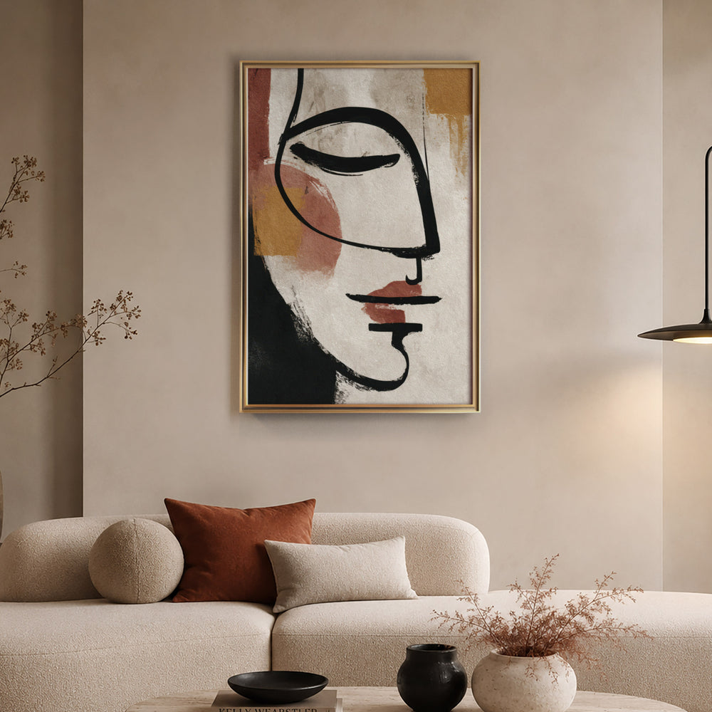 Abstract line art portrait of a face in profile with bold black brushstrokes and, displayed in a warm light living room