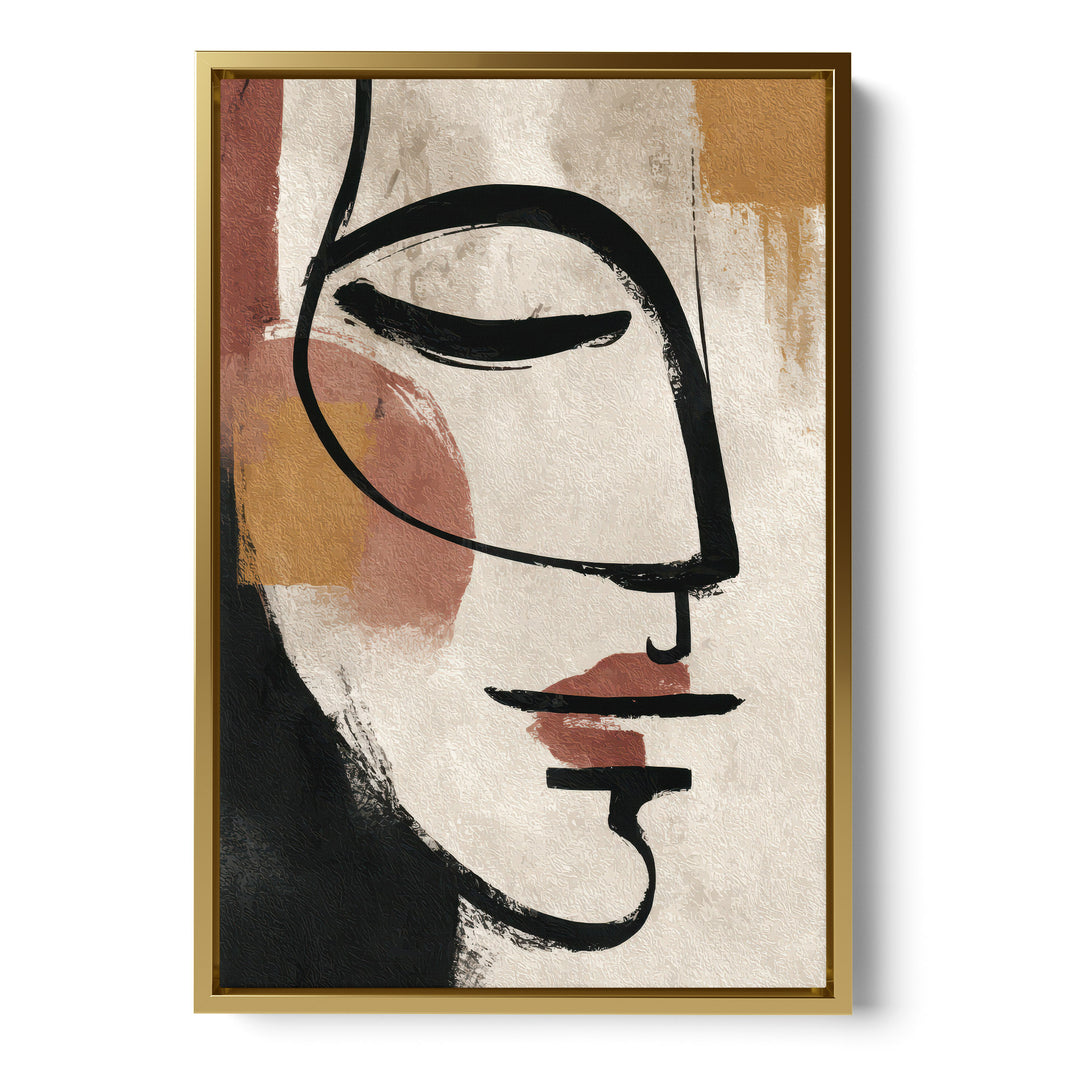 Abstract line art portrait of a face in profile with bold black brushstrokes and, stretched canvas in a gold floating frame