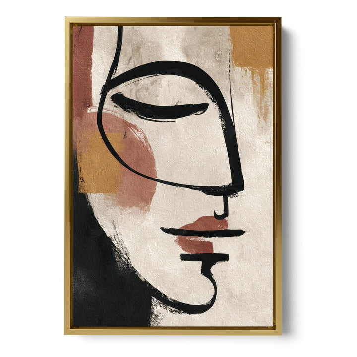 Abstract line art portrait of a face in profile with bold black brushstrokes and, stretched canvas in a gold floating frame