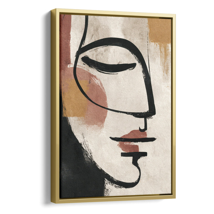 Abstract line art portrait of a face in profile with bold black brushstrokes and, stretched canvas in a gold floating frame
