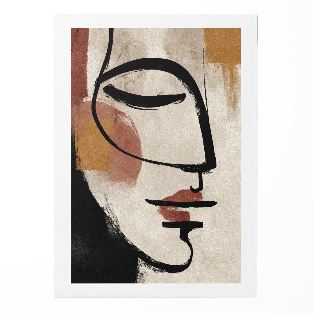 Abstract line art portrait of a face in profile with bold black brushstrokes and terracotta,, shown as a rolled canvas