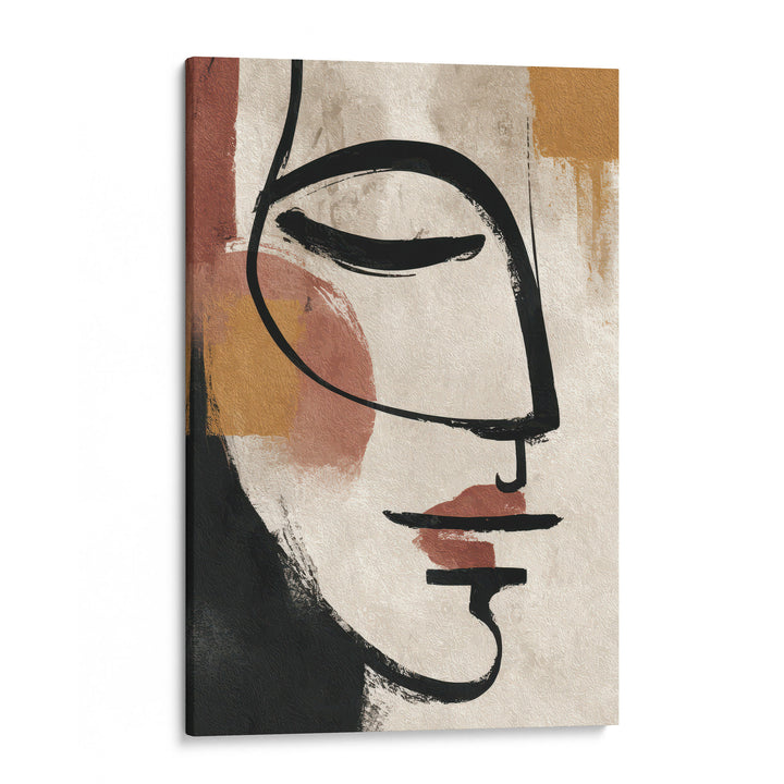 Abstract line art portrait of a face in profile with bold black brushstrokes and terracotta,, shown as a stretched canvas