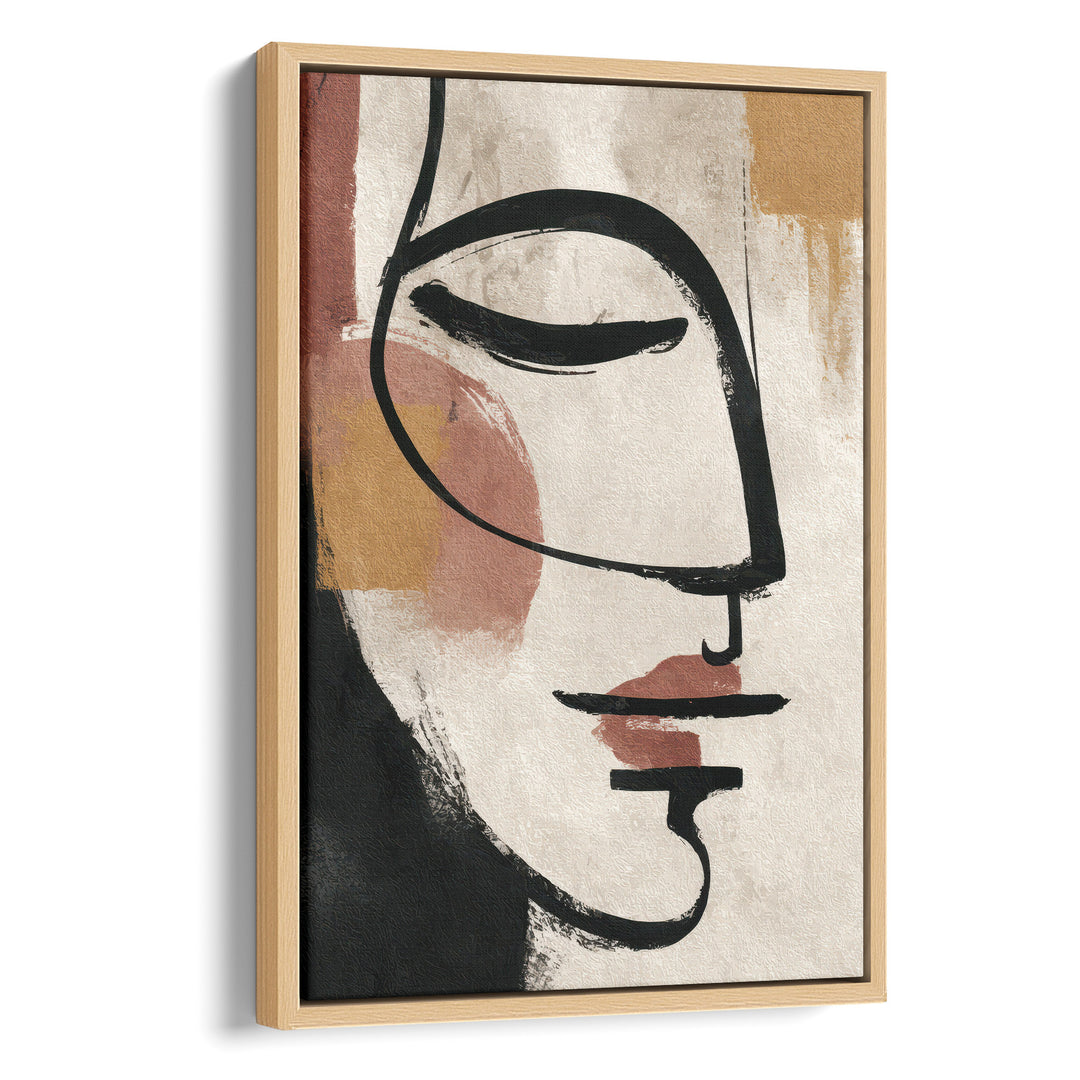 Abstract line art portrait of a face in profile with bold black brushstrokes and, stretched canvas in a natural wood frame