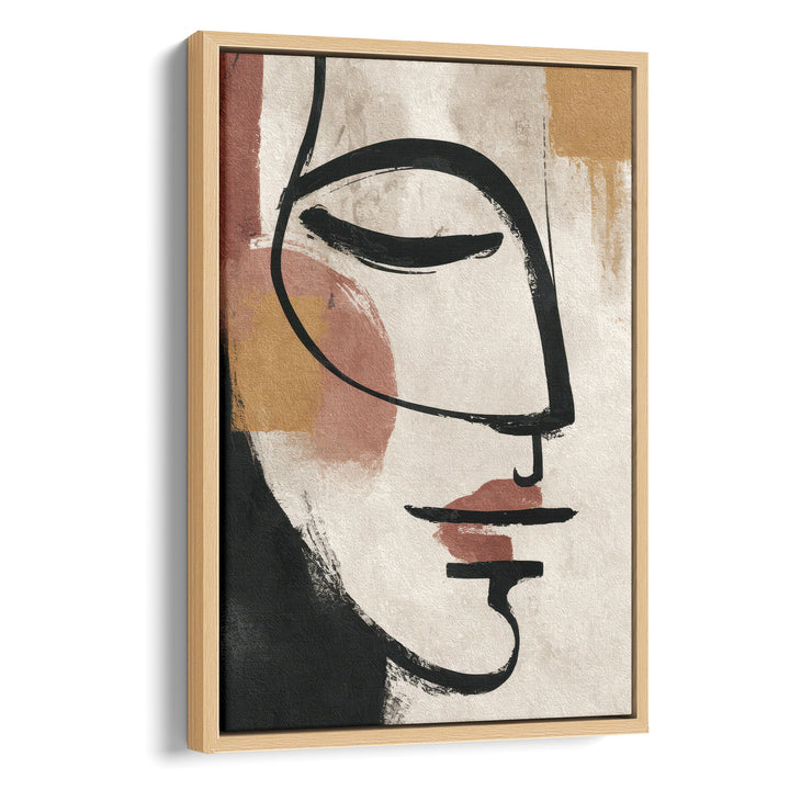 Abstract line art portrait of a face in profile with bold black brushstrokes and, stretched canvas in a natural wood frame