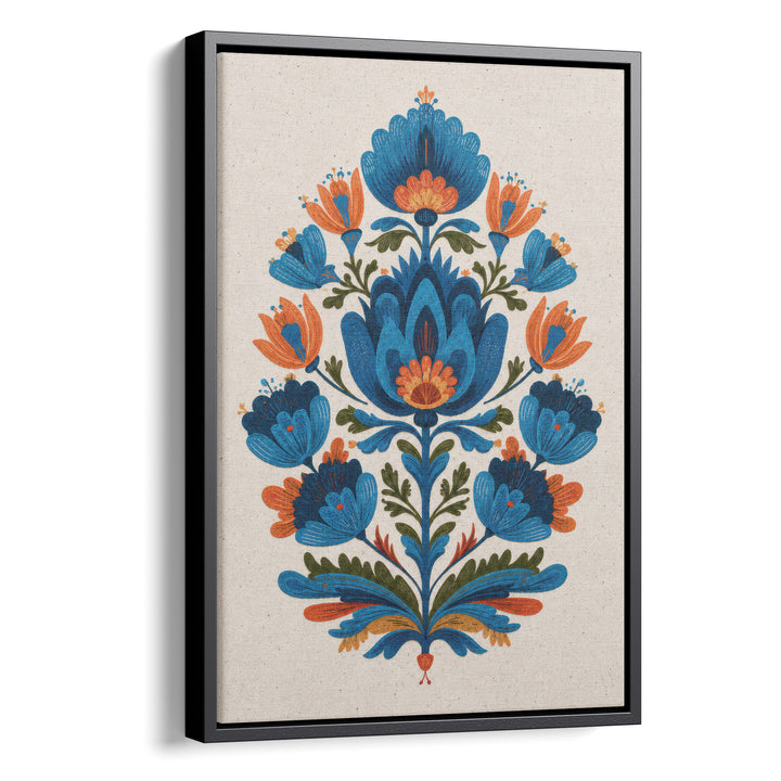 Folk art floral illustration with symmetrical blue and orange tulips and, stretched canvas in a black floating frame