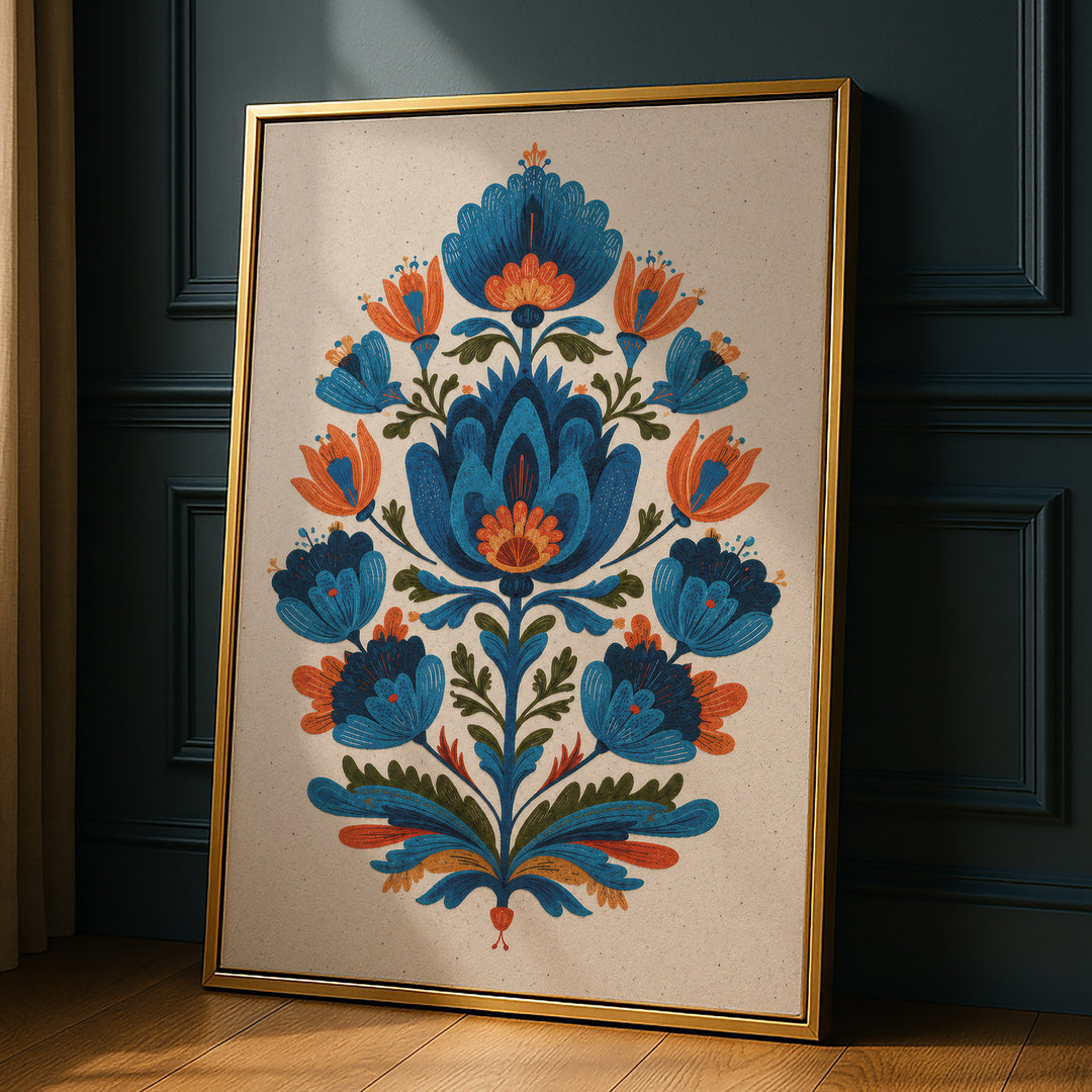 Folk art floral illustration with symmetrical blue and orange tulips and botanical, propped against a dark paneled wall