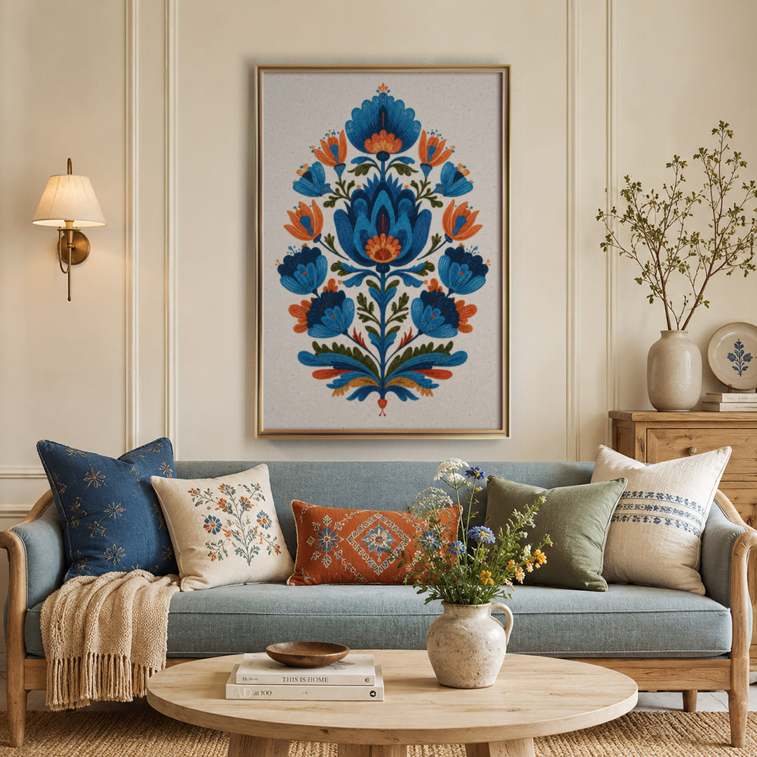 Folk art floral illustration with symmetrical blue and orange tulips and botanical, displayed in a warm light living room