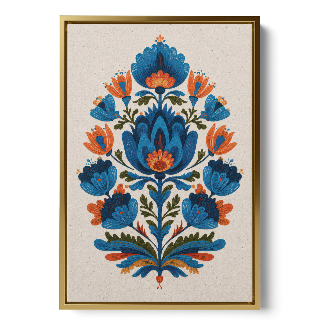 Folk art floral illustration with symmetrical blue and orange tulips and, stretched canvas in a gold floating frame