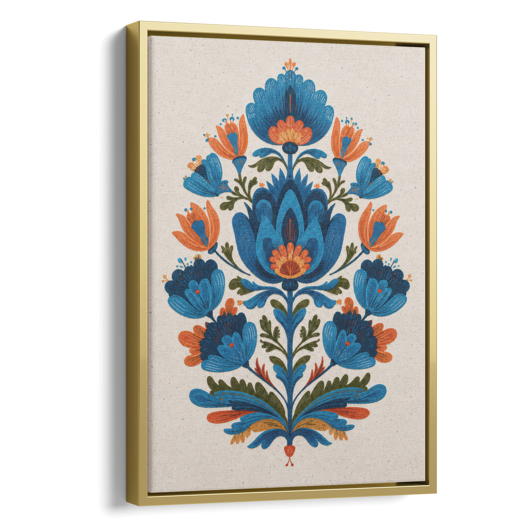 Folk art floral illustration with symmetrical blue and orange tulips and, stretched canvas in a gold floating frame