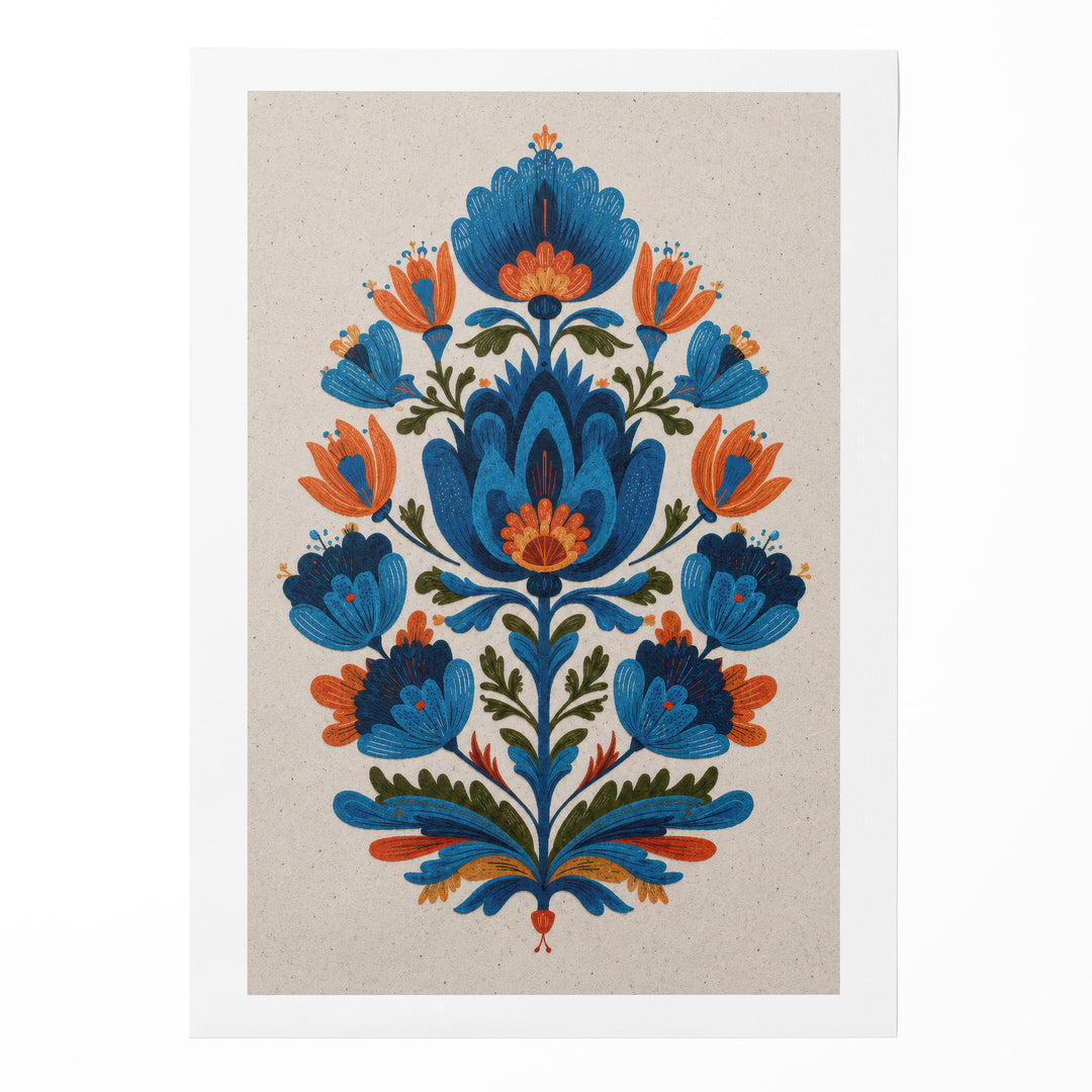 Folk art floral illustration with symmetrical blue and orange tulips and botanical leaves in an, shown as a rolled canvas
