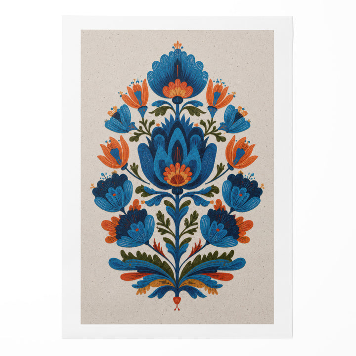 Folk art floral illustration with symmetrical blue and orange tulips and botanical leaves in an, shown as a rolled canvas