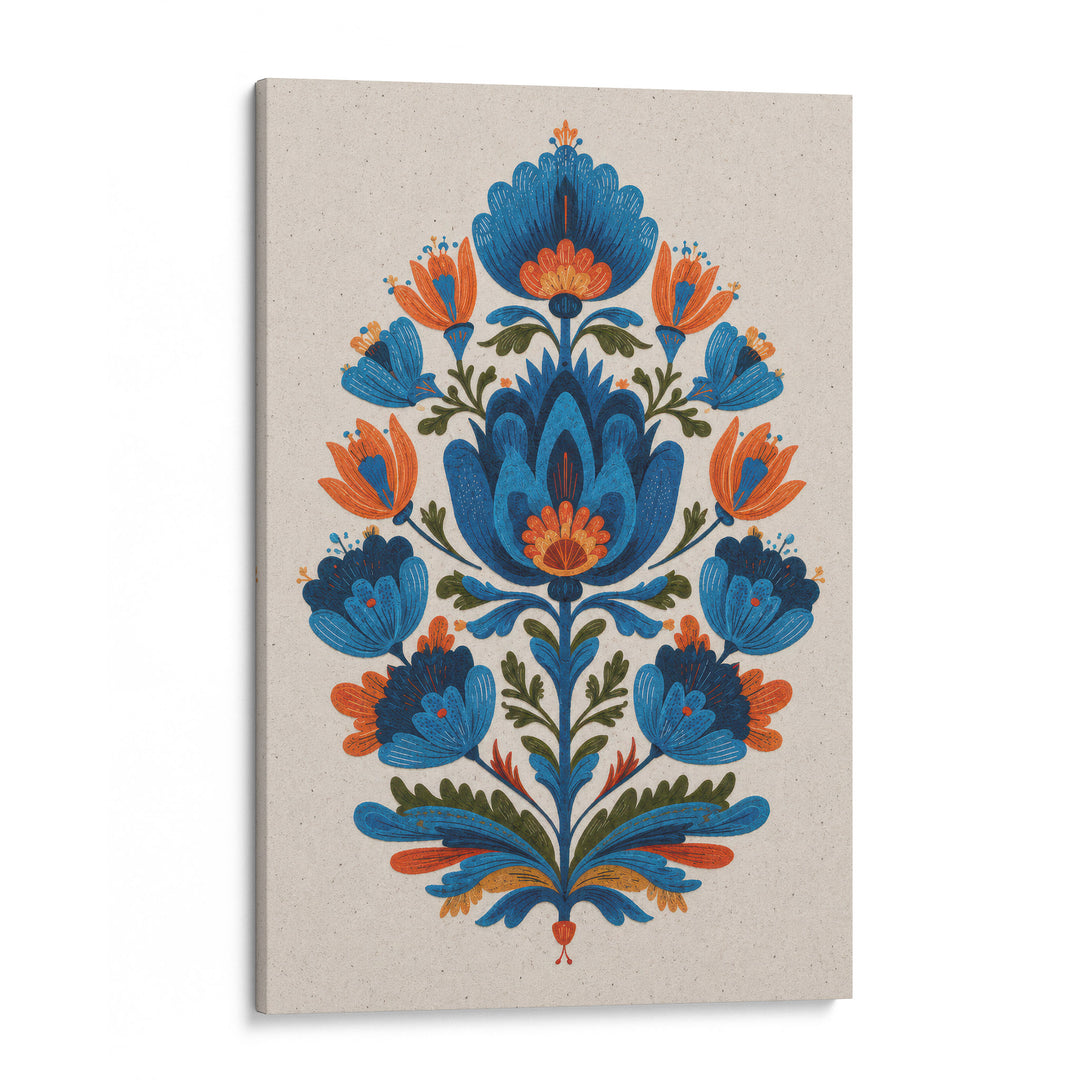 Folk art floral illustration with symmetrical blue and orange tulips and botanical leaves in, shown as a stretched canvas