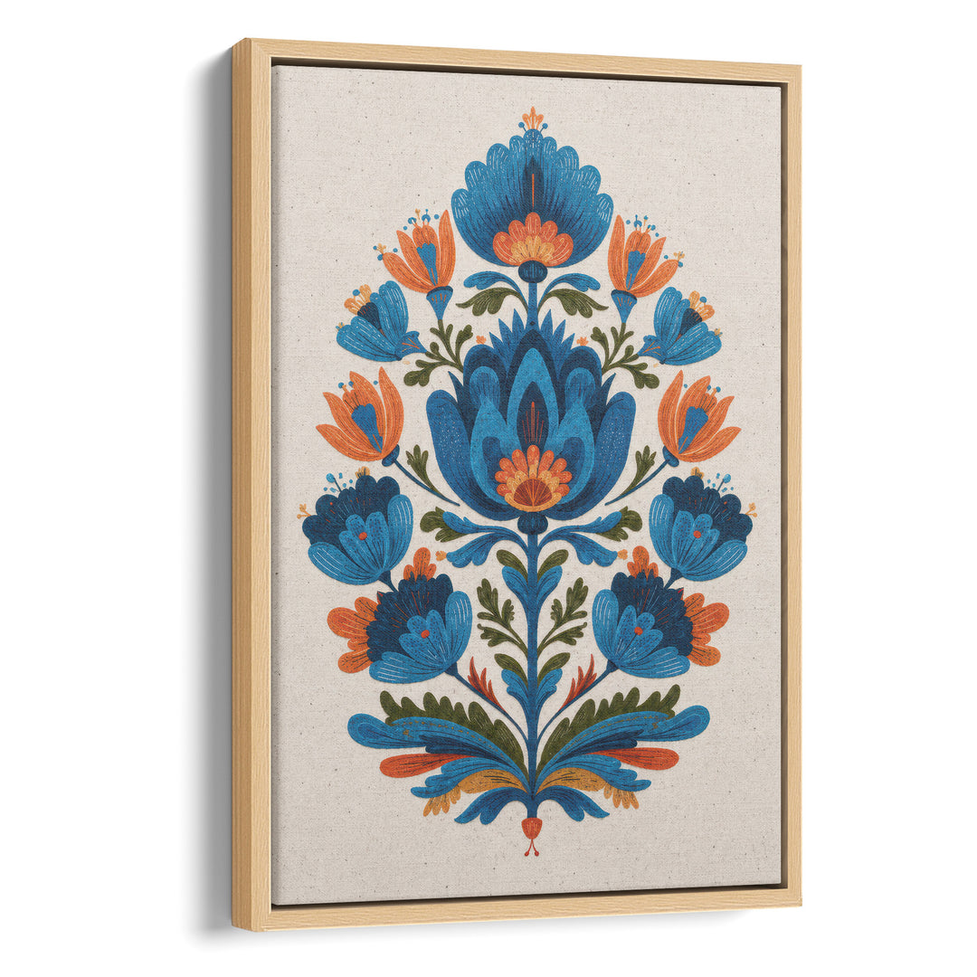 Folk art floral illustration with symmetrical blue and orange tulips and, stretched canvas in a natural wood frame