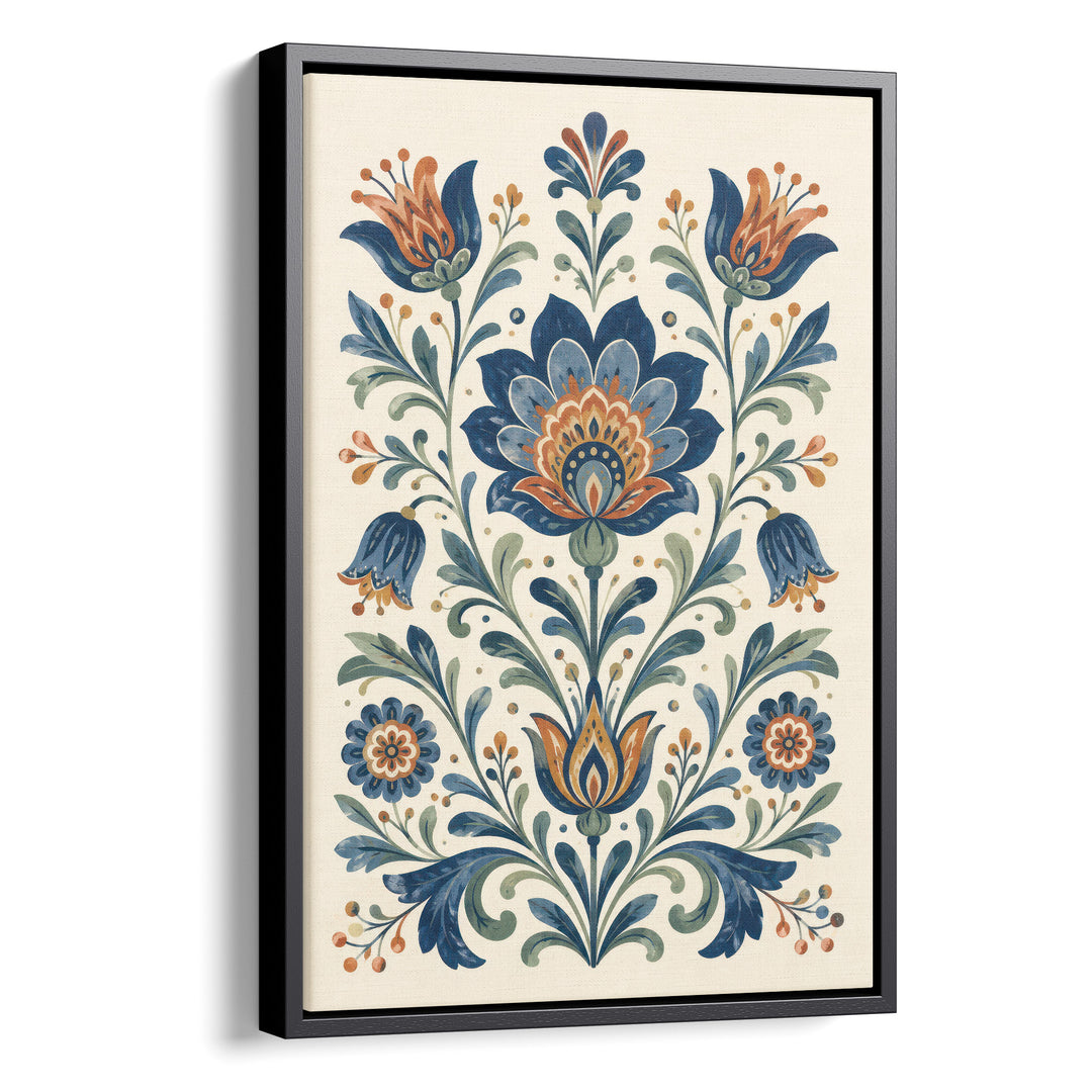 Folk art floral illustration with symmetrical blue lotus, tulip and bluebell, stretched canvas in a black floating frame
