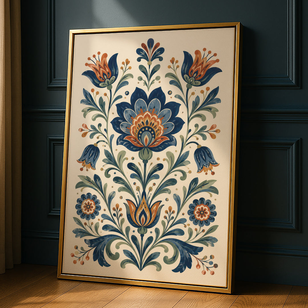 Folk art floral illustration with symmetrical blue lotus, tulip and bluebell motifs, propped against a dark paneled wall