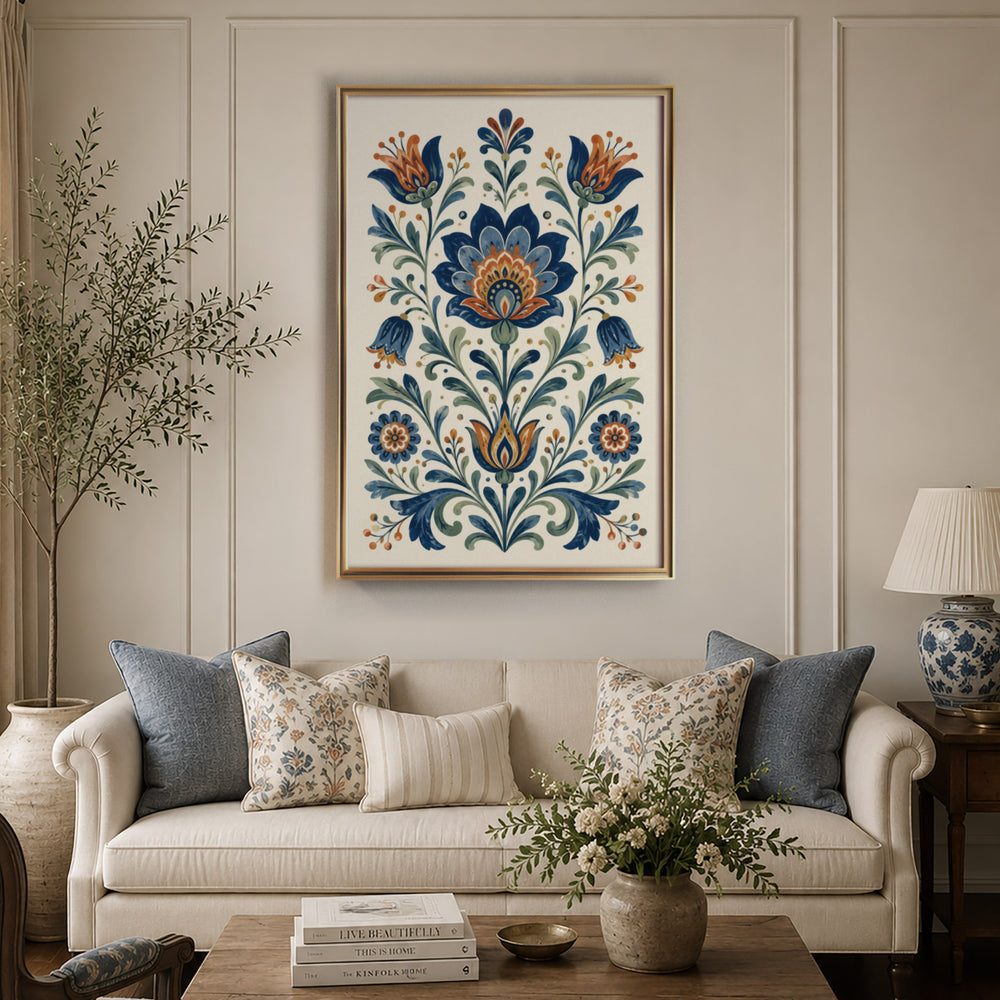 Folk art floral illustration with symmetrical blue lotus, tulip and bluebell motifs, displayed in a warm light living room