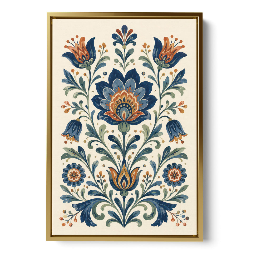 Folk art floral illustration with symmetrical blue lotus, tulip and bluebell, stretched canvas in a gold floating frame
