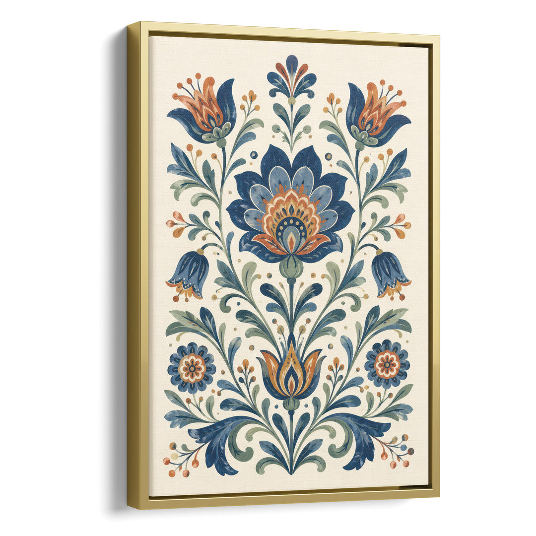 Folk art floral illustration with symmetrical blue lotus, tulip and bluebell, stretched canvas in a gold floating frame