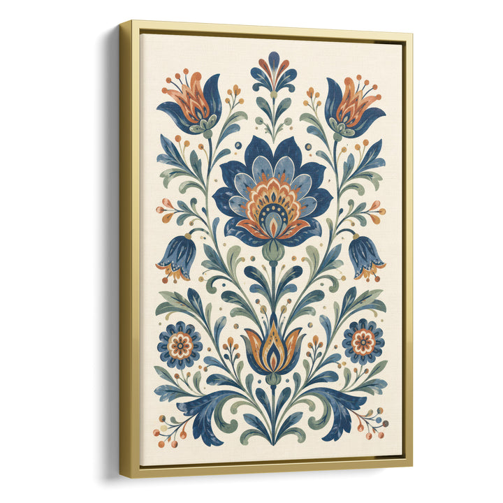 Folk art floral illustration with symmetrical blue lotus, tulip and bluebell, stretched canvas in a gold floating frame