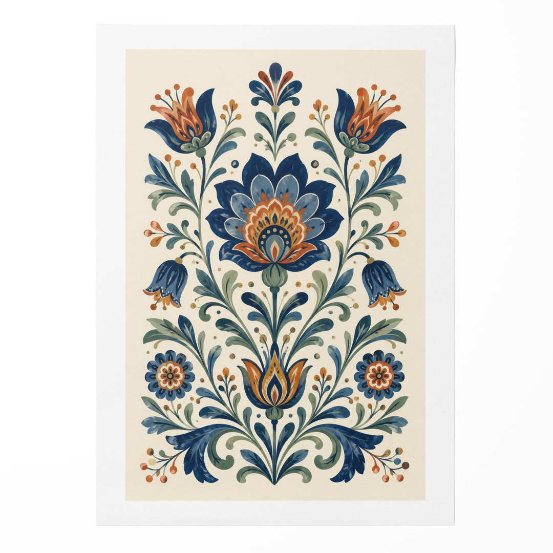 Folk art floral illustration with symmetrical blue lotus, tulip and bluebell motifs with orange, shown as a rolled canvas