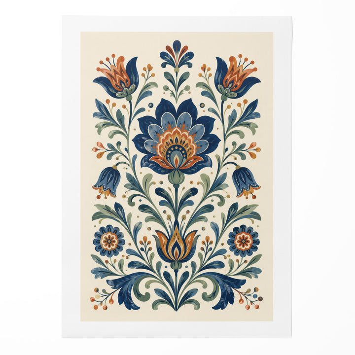 Folk art floral illustration with symmetrical blue lotus, tulip and bluebell motifs with orange, shown as a rolled canvas