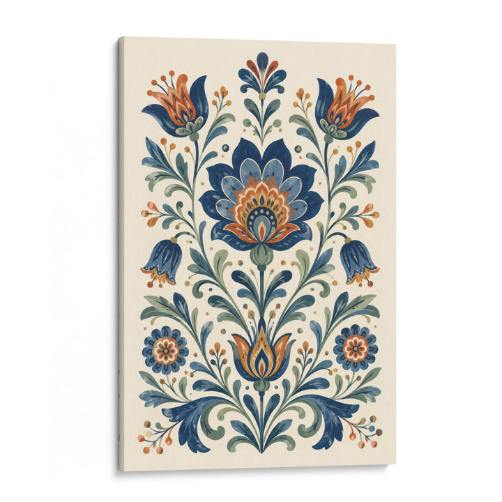 Folk art floral illustration with symmetrical blue lotus, tulip and bluebell motifs with, shown as a stretched canvas