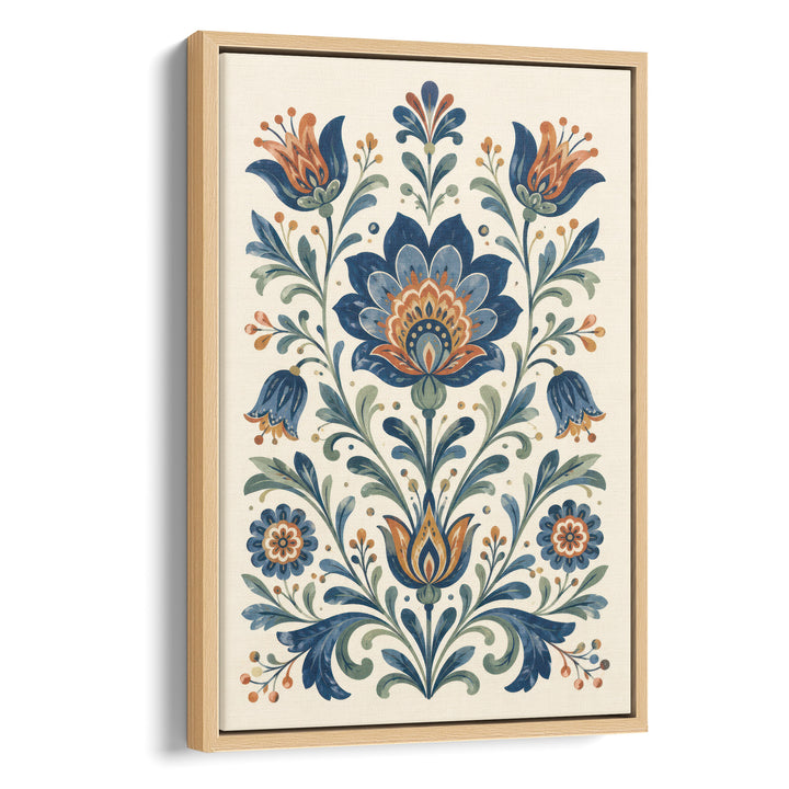 Folk art floral illustration with symmetrical blue lotus, tulip and bluebell, stretched canvas in a natural wood frame