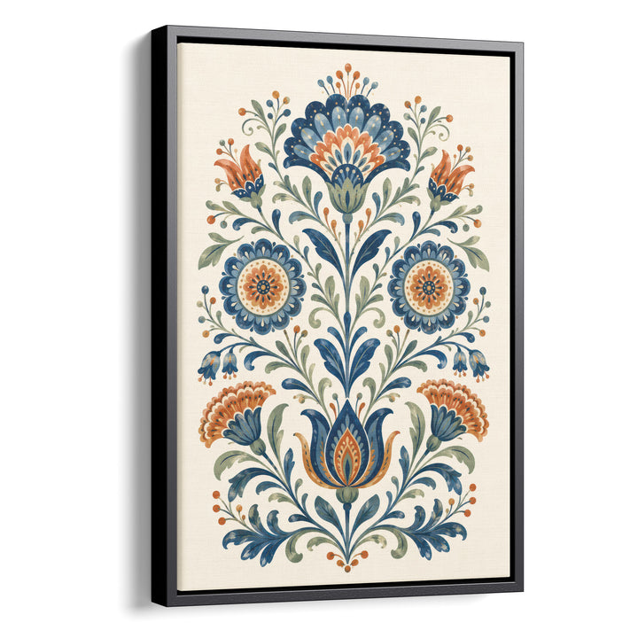 Folk art floral illustration with symmetrical blue and orange daisy and, stretched canvas in a black floating frame