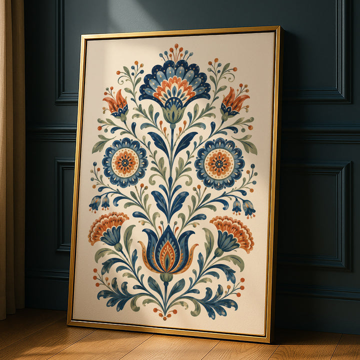 Folk art floral illustration with symmetrical blue and orange daisy and carnation, propped against a dark paneled wall