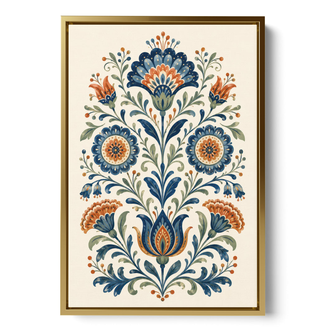 Folk art floral illustration with symmetrical blue and orange daisy and, stretched canvas in a gold floating frame