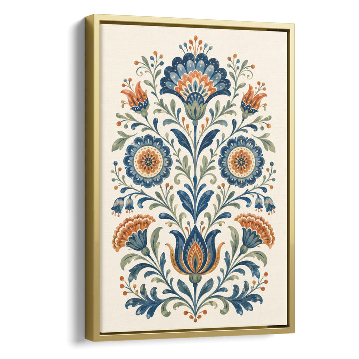 Folk art floral illustration with symmetrical blue and orange daisy and, stretched canvas in a gold floating frame