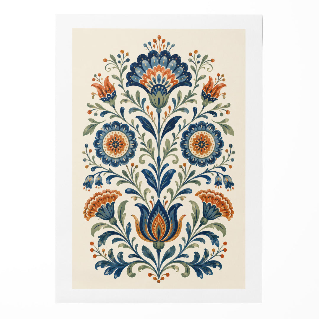 Folk art floral illustration with symmetrical blue and orange daisy and carnation motifs with, shown as a rolled canvas