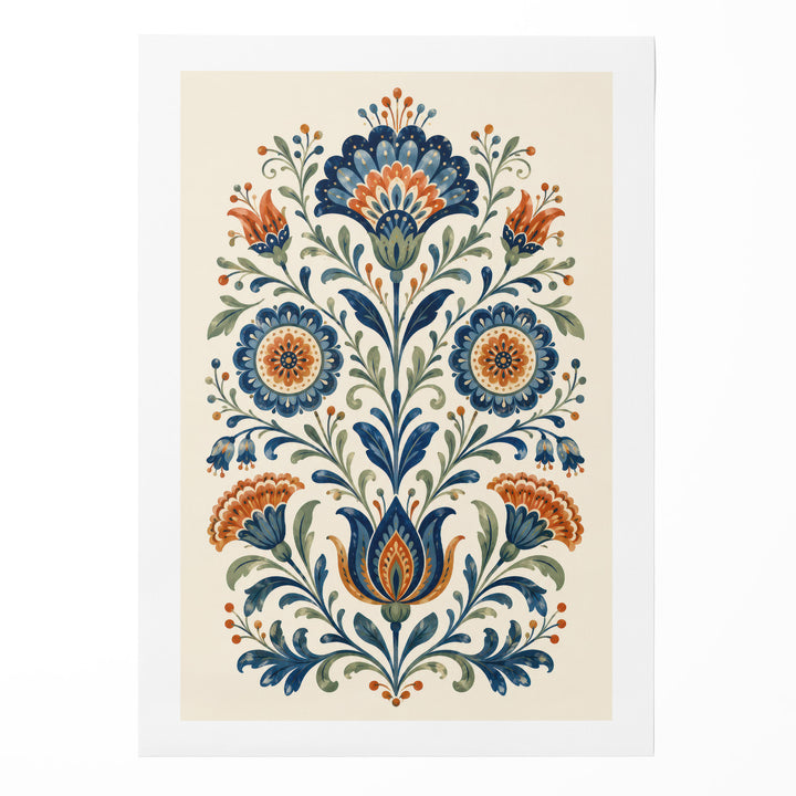 Folk art floral illustration with symmetrical blue and orange daisy and carnation motifs with, shown as a rolled canvas