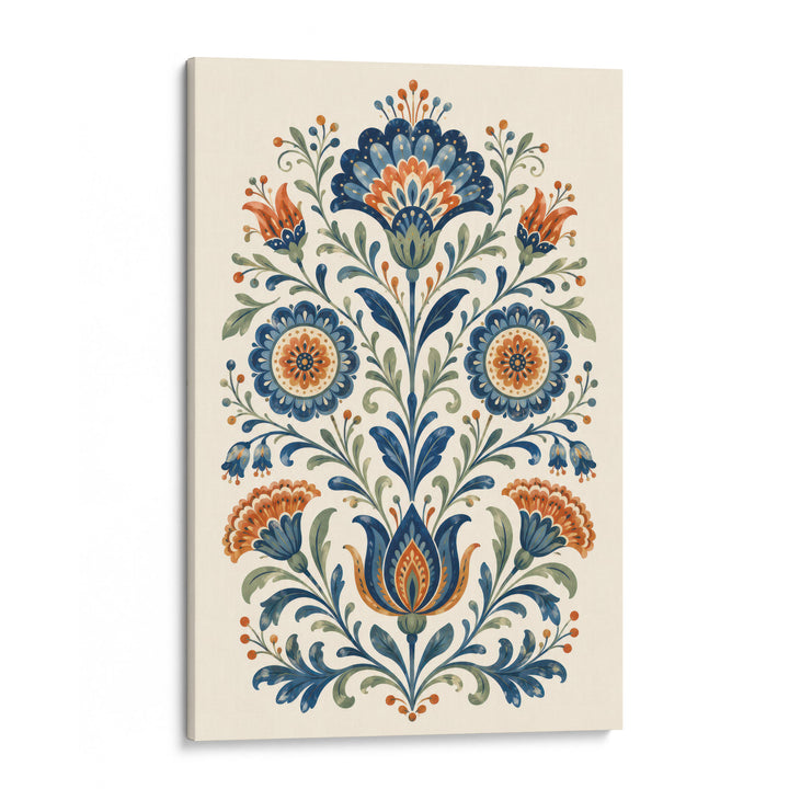 Folk art floral illustration with symmetrical blue and orange daisy and carnation motifs with, shown as a stretched canvas