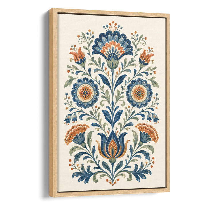 Folk art floral illustration with symmetrical blue and orange daisy and carnation, stretched canvas in a natural wood frame