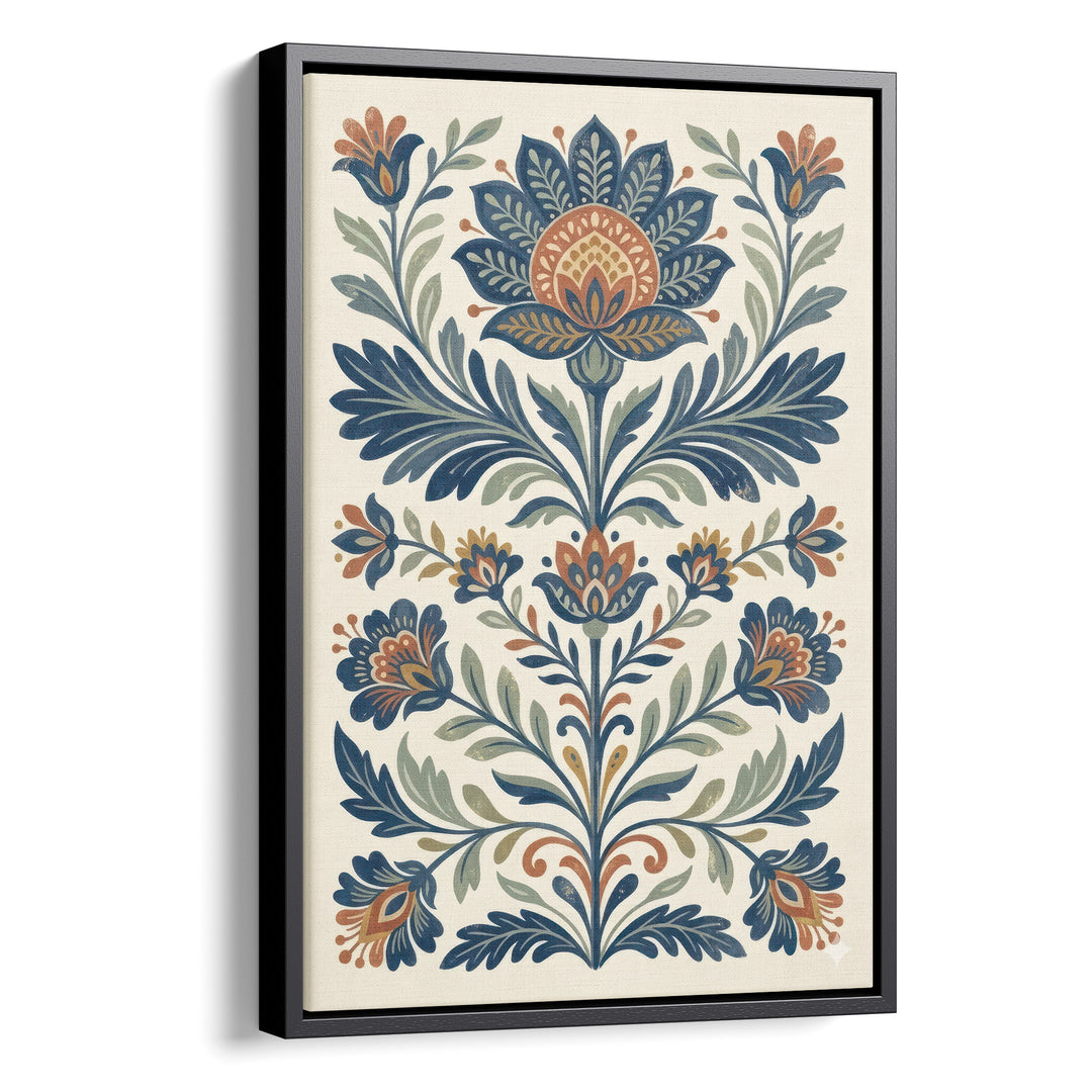 Folk art floral illustration with symmetrical blue and orange lotus and tulip, stretched canvas in a black floating frame
