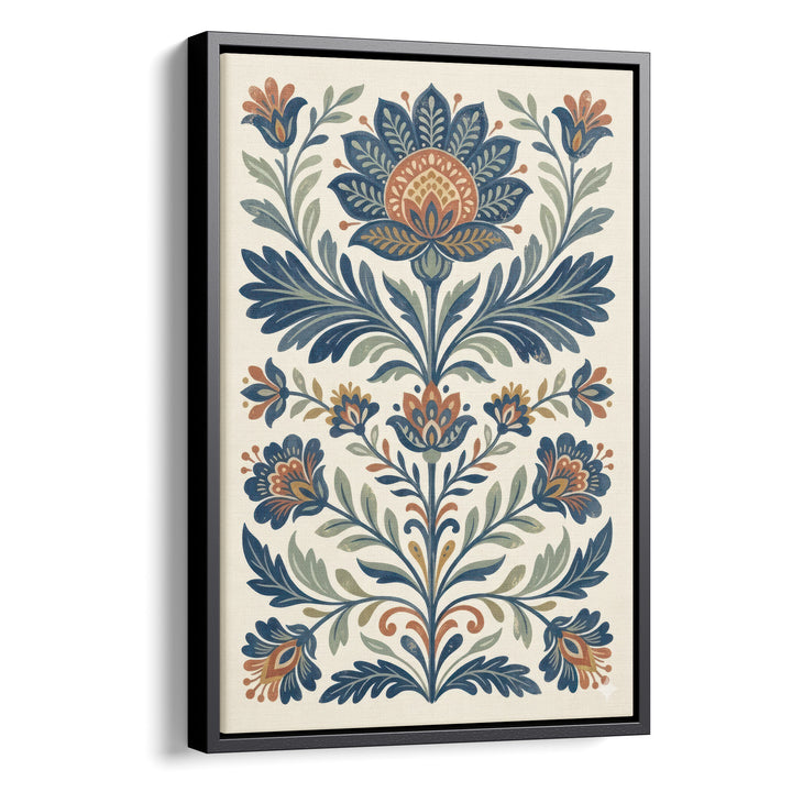 Folk art floral illustration with symmetrical blue and orange lotus and tulip, stretched canvas in a black floating frame