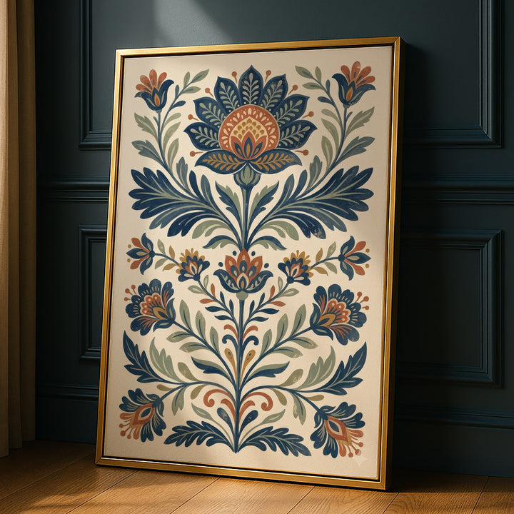 Folk art floral illustration with symmetrical blue and orange lotus and tulip motifs, propped against a dark paneled wall