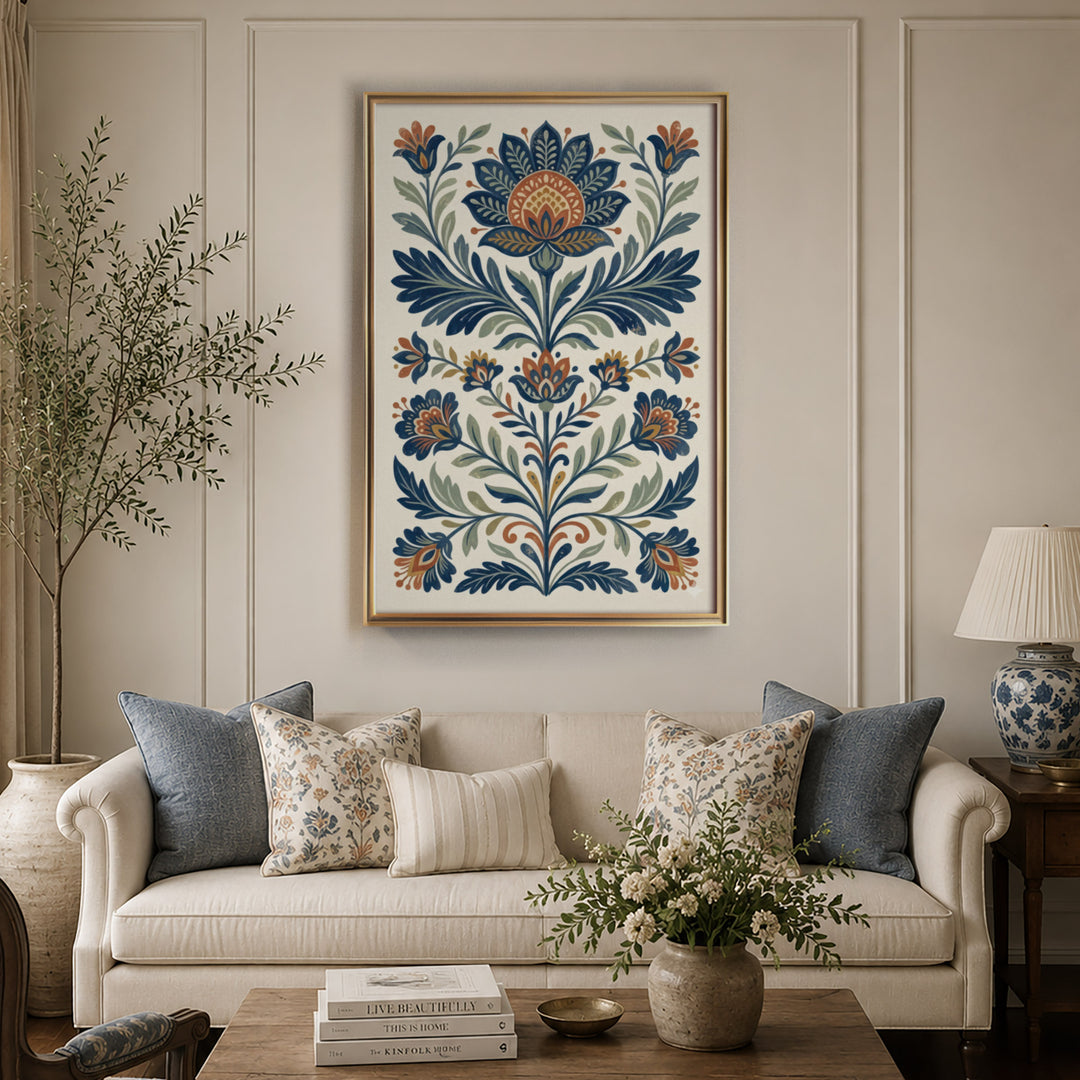Folk art floral illustration with symmetrical blue and orange lotus and tulip motifs, displayed in a warm light living room