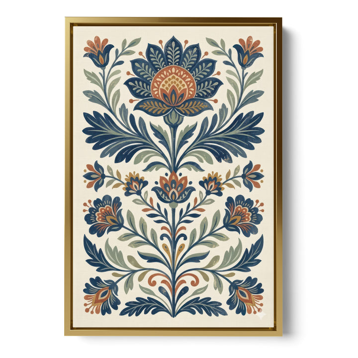 Folk art floral illustration with symmetrical blue and orange lotus and tulip, stretched canvas in a gold floating frame