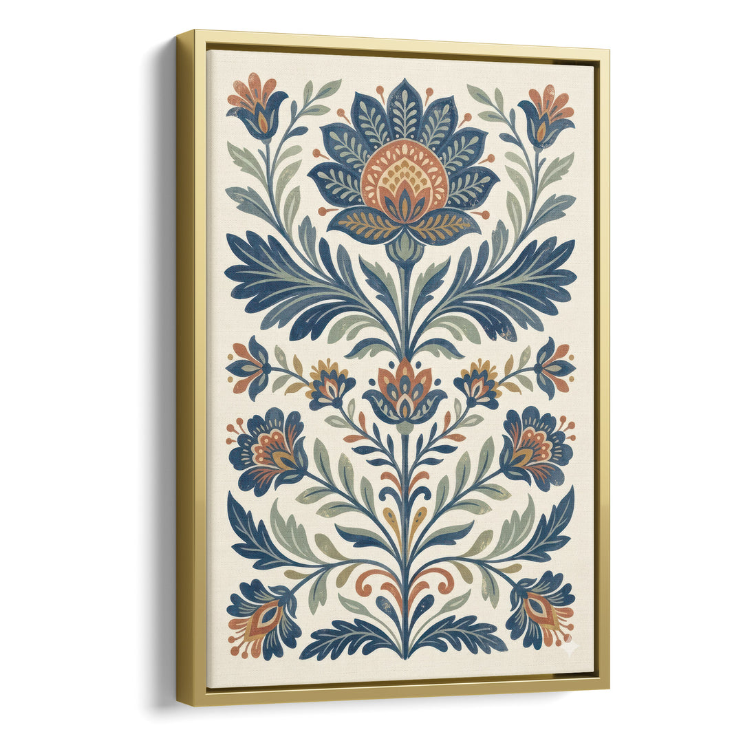 Folk art floral illustration with symmetrical blue and orange lotus and tulip, stretched canvas in a gold floating frame