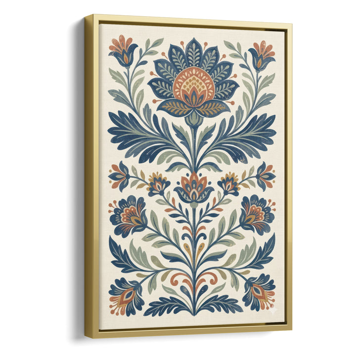 Folk art floral illustration with symmetrical blue and orange lotus and tulip, stretched canvas in a gold floating frame