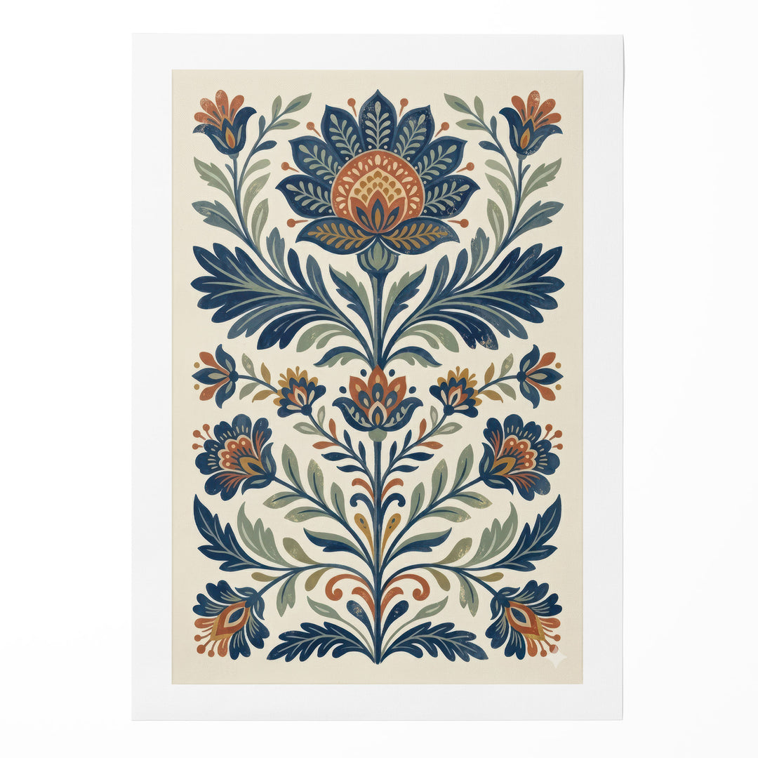 Folk art floral illustration with symmetrical blue and orange lotus and tulip motifs with large, shown as a rolled canvas