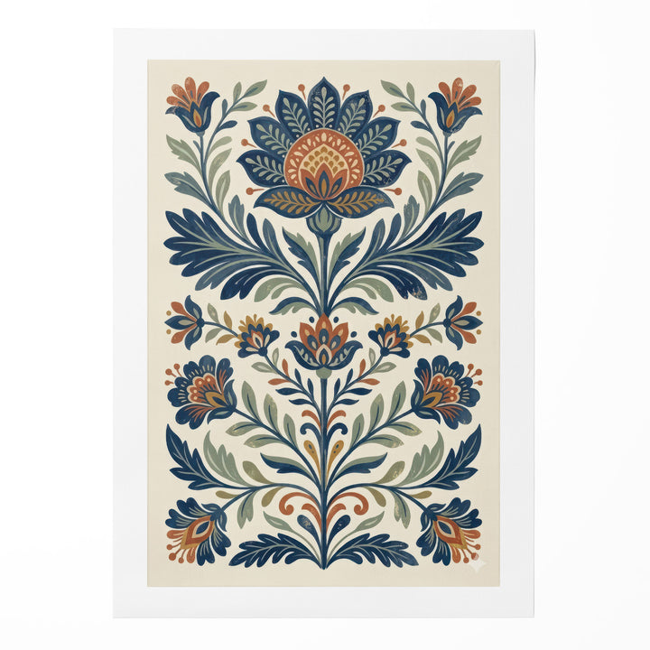 Folk art floral illustration with symmetrical blue and orange lotus and tulip motifs with large, shown as a rolled canvas