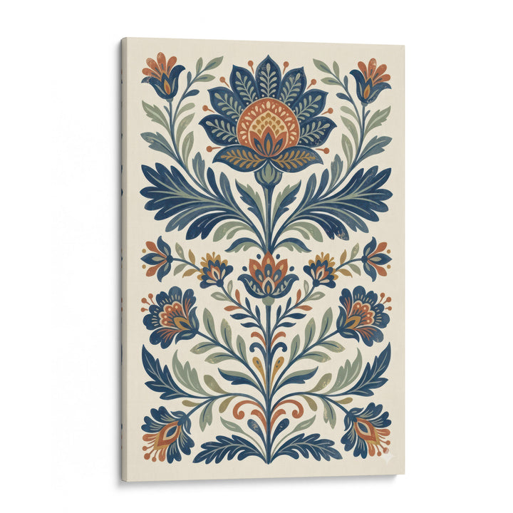 Folk art floral illustration with symmetrical blue and orange lotus and tulip motifs with, shown as a stretched canvas