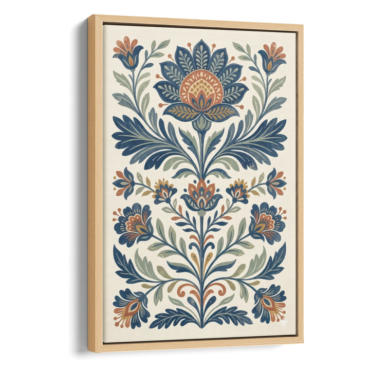 Folk art floral illustration with symmetrical blue and orange lotus and tulip, stretched canvas in a natural wood frame
