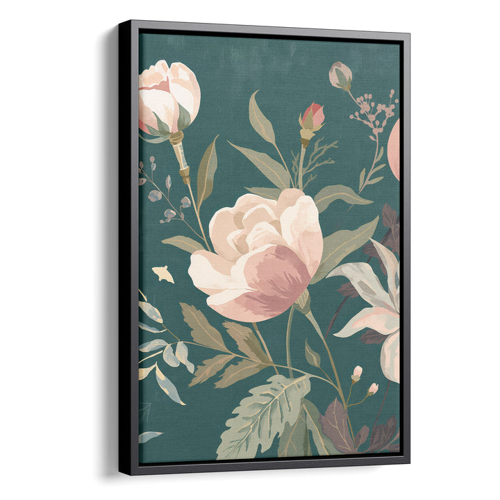 Flat botanical illustration of a large blush peony in full bloom with buds and, stretched canvas in a black floating frame